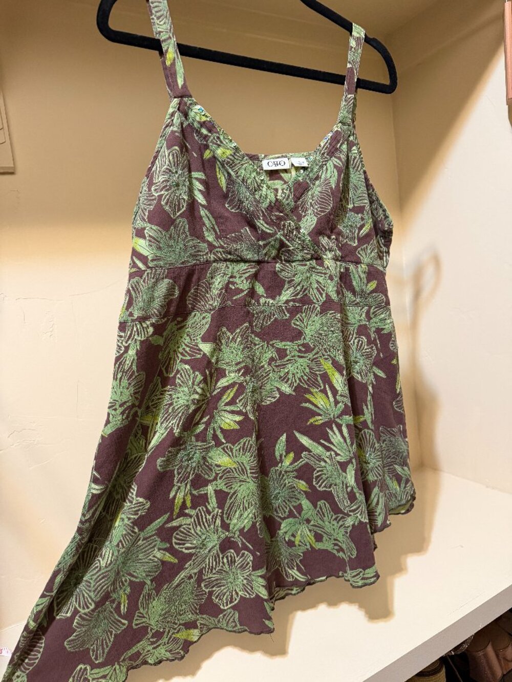 Y2K Cato Brown Green Floral Sequin Empire Waist Tank Top L